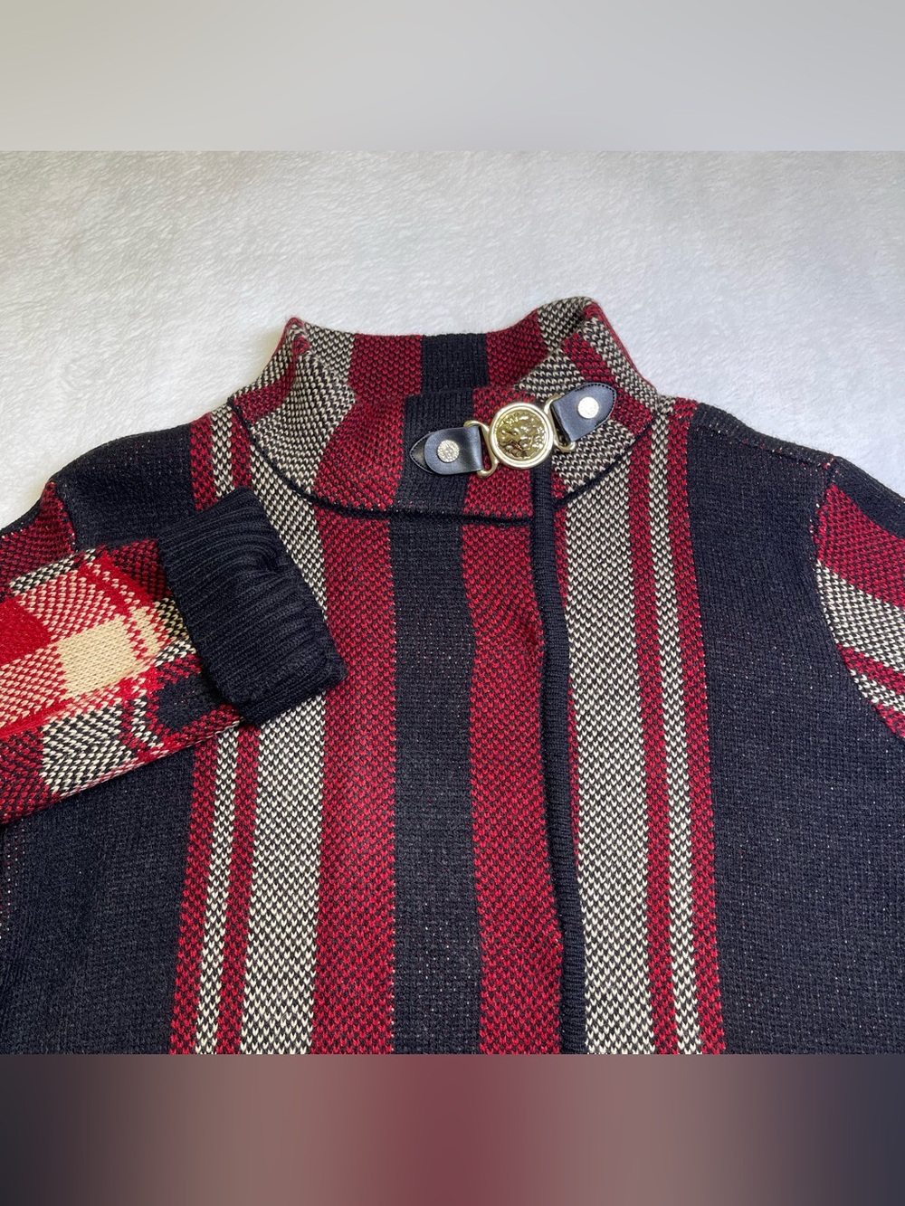 Anne Klein Plaid Knit Cardigan Coat Jacket Womens Large Red Black Snap Front
